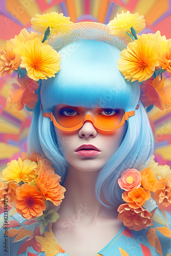 Female model with trendy hairstyle, orange glasses and flowers in trendy dress style and with perfect make-up