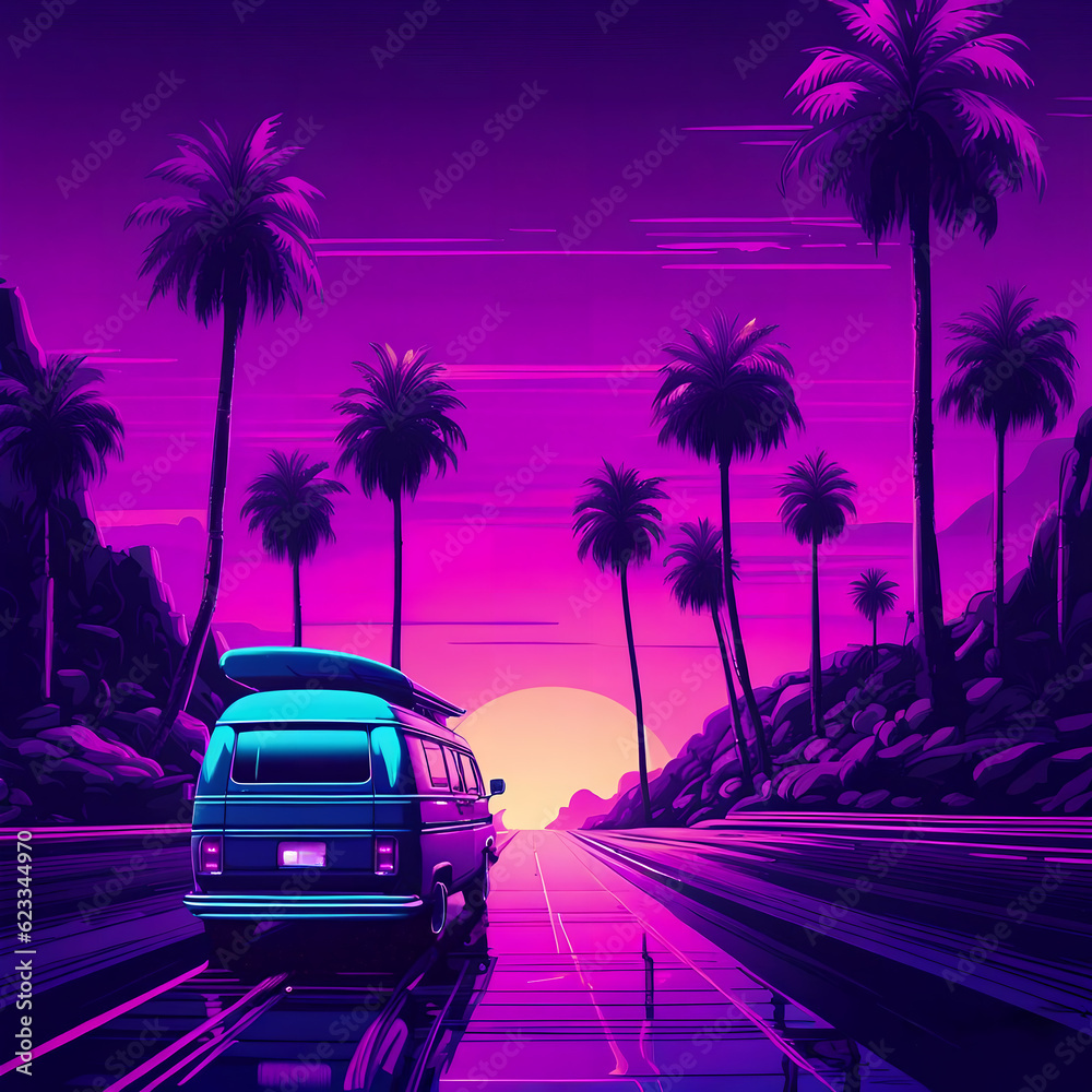 illustration of a van with surfboard, summer road trip,neon style, Ai Generative