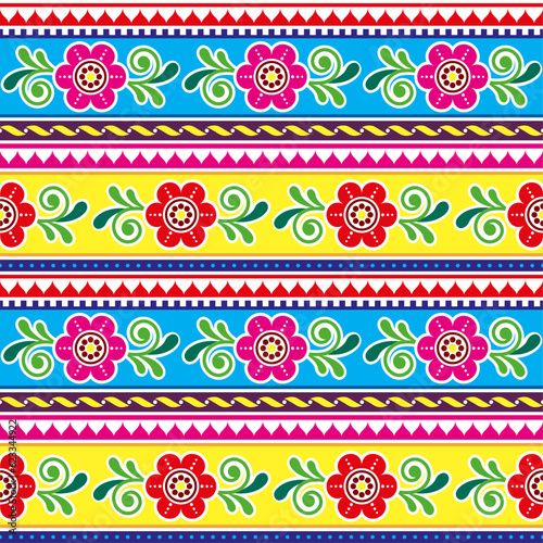 Pakistani or Indian truck art vector seamless  pattern with  flowers and leaves, decorative wallpaper, textile or fabric print design