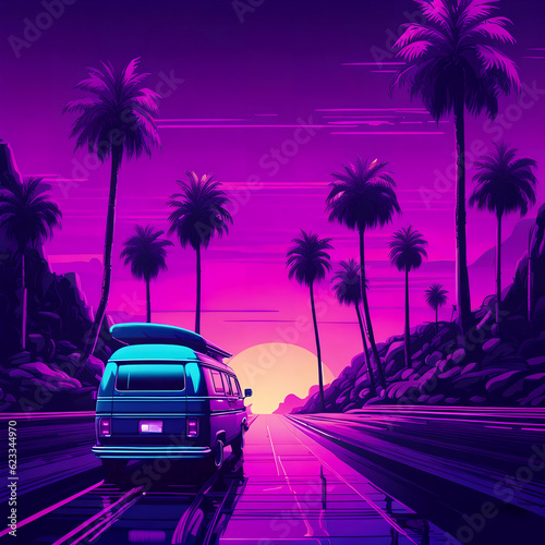 illustration of a van with surfboard, summer road trip,neon style, Ai Generative © amnat