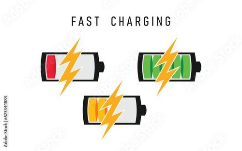 Battery charging sign vector illustration. Fast battery charging concept with electric lightning symbol. Horisontal view.