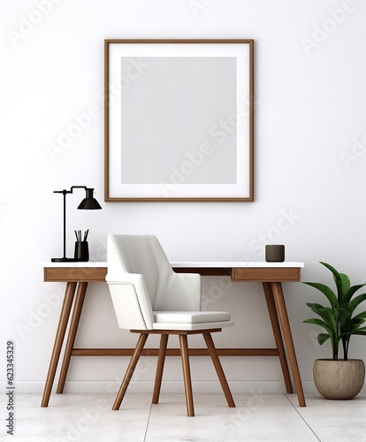A mockup frame of an empty white chair beside a desk, framed against a minimalist background of posters and paintings. Minimal home interior design idea. Scandinavian minimal decor design look.