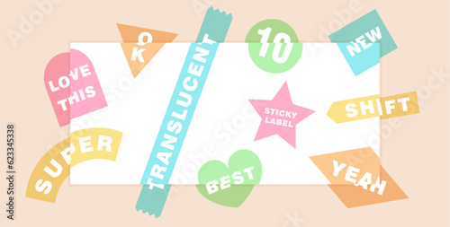 Collection of stickers with a 3D shift effect on the edges and corners of a sheet, photo or postcard. Semi-transparent labels for scrapbooking and decoration. Vector template