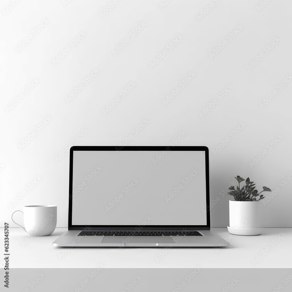 A plain white screen laptop on top of a desk for a mockup with a background of minimalist room decorations. A plain white screen laptop on top of a desk for a mockup with a background of minimalist room decorations.