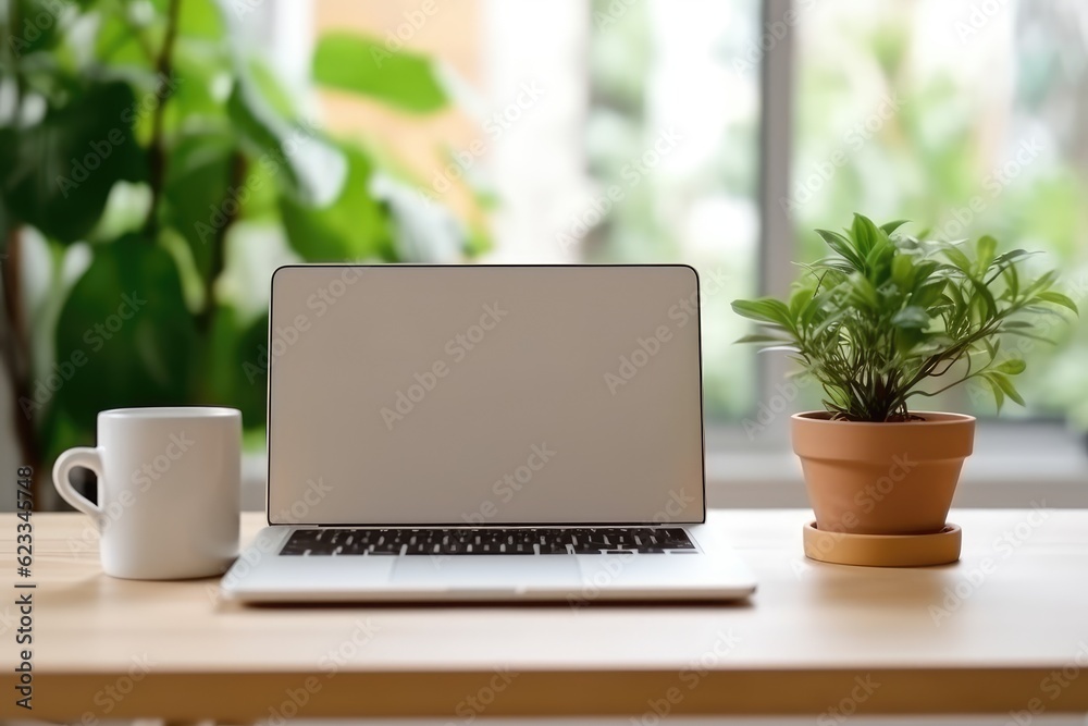 A laptop with a white screen mockup on top of a desk, a cup of coffee and minimalist room decorations A laptop with a white screen mockup on top of a desk, a cup of coffee and minimalist room decorations