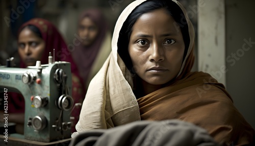 Bangladeshi / Indian female garments worker sewing at a sweatshop, hoping for better life from minimum wage. Generative AI. © CSS Studio