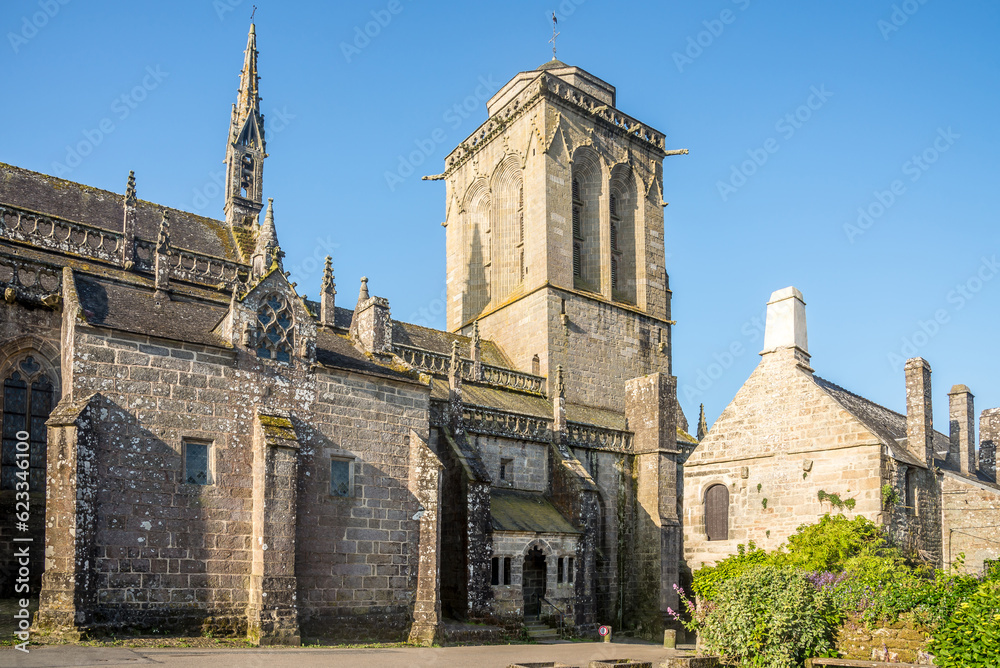 View at the Church of Saint Ronan in the streets of Locronan in France