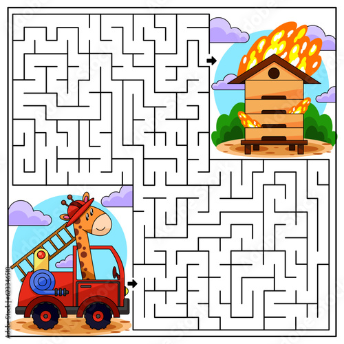 children's educational game. A children's puzzle. Children's maze. Colorful cartoon characters. Funny vector illustration. Isolated on a white background. coloring book. fire truck, fire, fireman, bee
