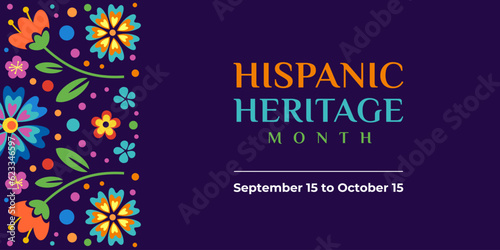 Hispanic heritage month. Vector web banner, poster, card for social media, networks. Greeting with national Hispanic heritage month text, ornament on blue background with red, yellow color.