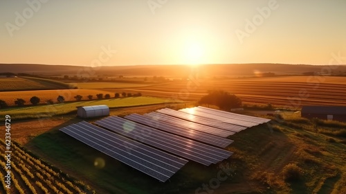Drone view of solar panels. Environmental protection. Aerial shot top view of solar panel photovoltaic farm. Generative AI.