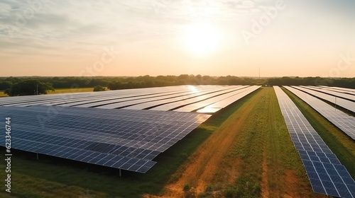 Drone view of solar panels. Environmental protection. Aerial shot top view of solar panel photovoltaic farm. Generative AI.