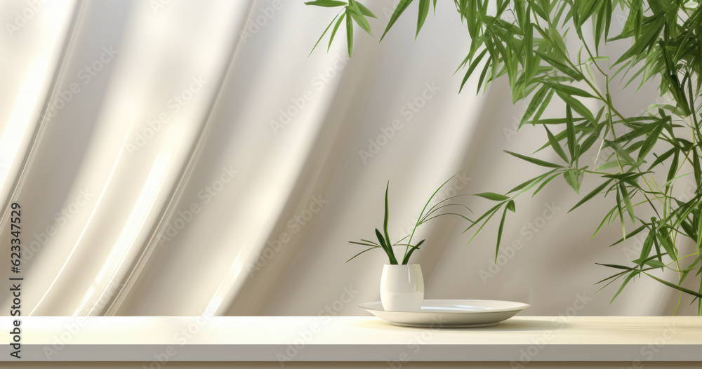Elegant Emptiness: Glossy Round Table Top, Bamboo Tree & Satin Curtain - Organic Beauty Product Display - 3D