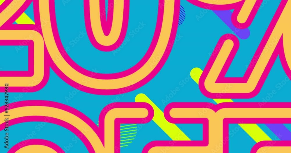 Animation of 20 percent off text over a speech bubble against abstract shapes on blue background