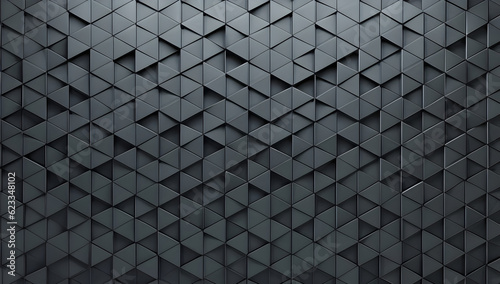 Polished, Semigloss Wall background with tiles. Triangular, tile Wallpaper with 3D, Black blocks. 3D Render- Ai generative