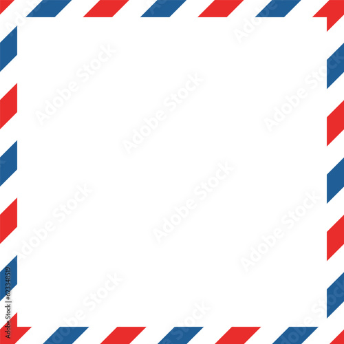 Airmail square envelope frame with blue red stripes on white background. International vintage letter border. Retro air mail postcard. Blank envelope. Vector illustration isolated on white background.