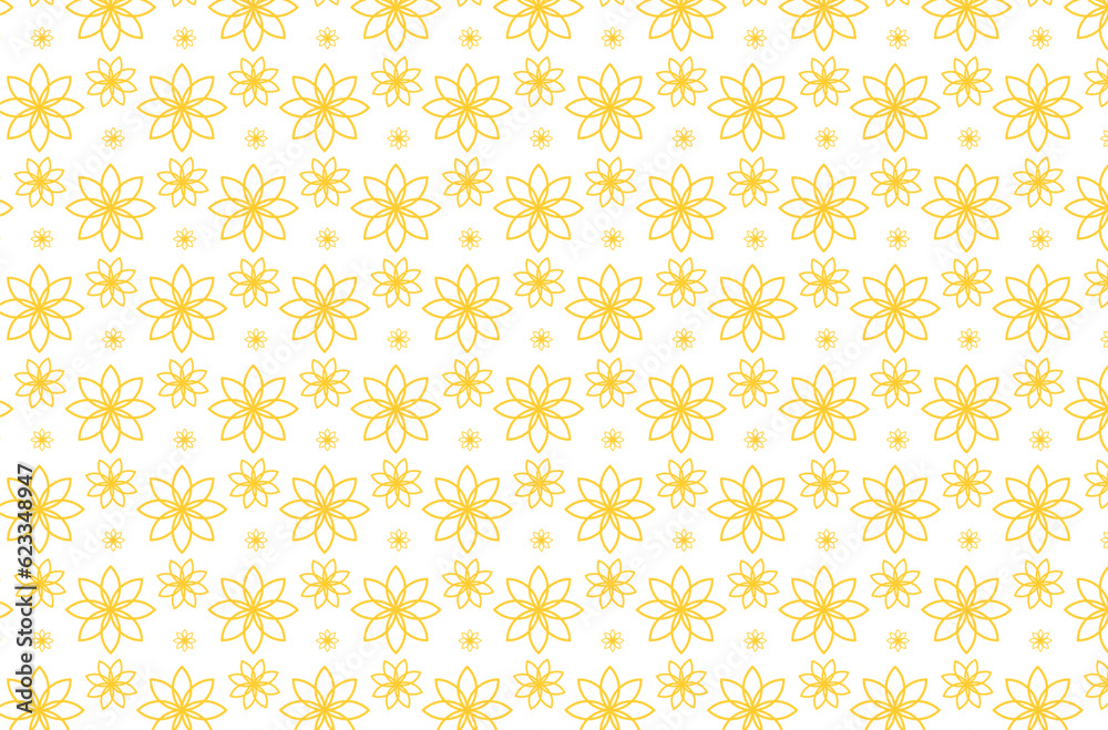 Simple geometric vector seamless pattern with yellow colour flower motifs on white background. Light modern simple wallpaper, bright tile backdrop, monochrome graphic element