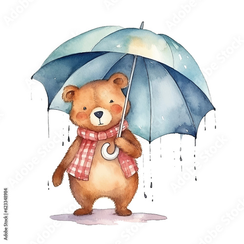 Cute bear holding umbrella watercolor paint 