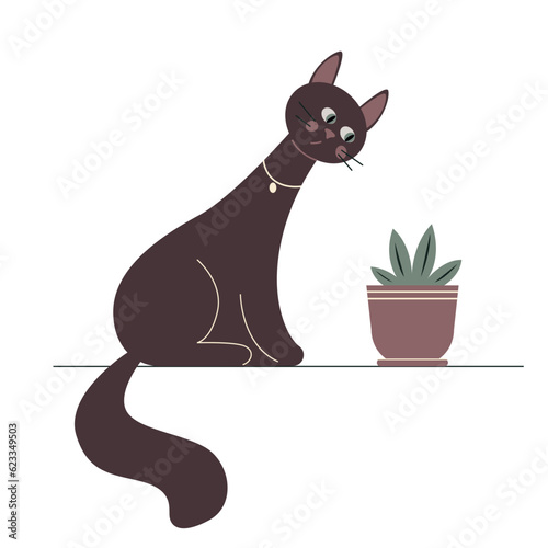 Funny cartoon cat with a home plant isolated on a white background. Nice domestic curious animal.