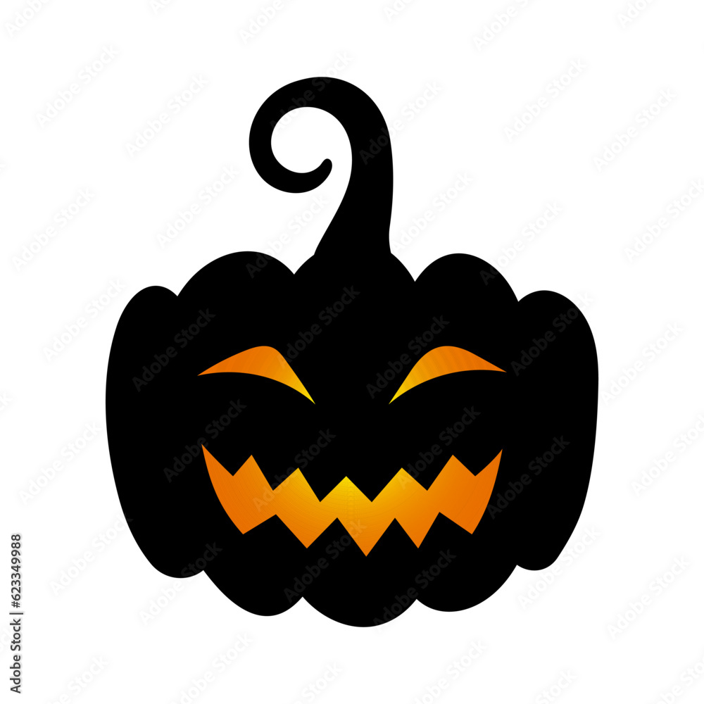 Fototapeta premium Halloween cute black pumpkin silhouette. Dark pumpkin with scary funny luminous face on white background for autumn holiday. Vector Halloween illustration for decoration, print design, banner, app