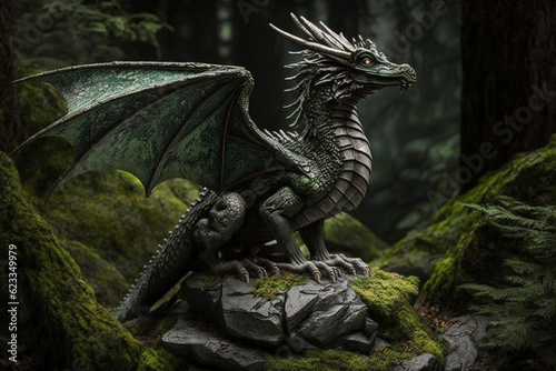 Forest dragon with wings sitting on stone in green woods generative ai