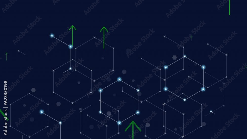 Animation of up arrows over dots forming hexagons against black background Animation of up arrows over dots forming hexagons against black background
