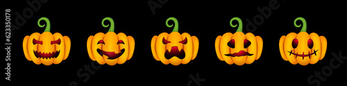 Halloween cute pumpkins set. Realistic 3d pumpkins with scary funny faces collection on black background for autumn holiday. Vector illustration