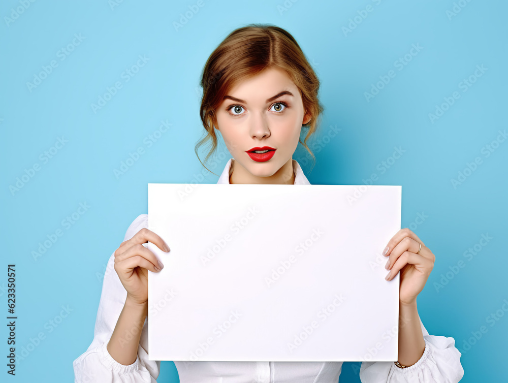 Woman is holding a white poster for your text on a blue background, AI Generation