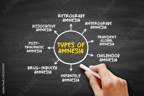 Types of Amnesia (the loss of memories) mind map text concept for presentations and reports