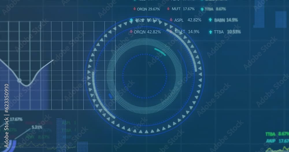 Animation of illuminated circles over multiple graphs and trading boards on abstract background Animation of illuminated circles over multiple graphs and trading boards on abstract background