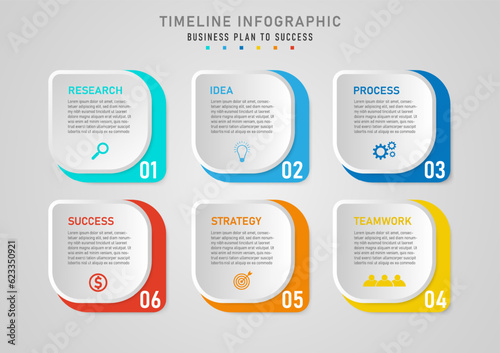 infographic template 6 step business plan for success multi colored rounded rectangle top gray button There is a letter and an icon in the middle. numbers in the bottom corner gray gradient background