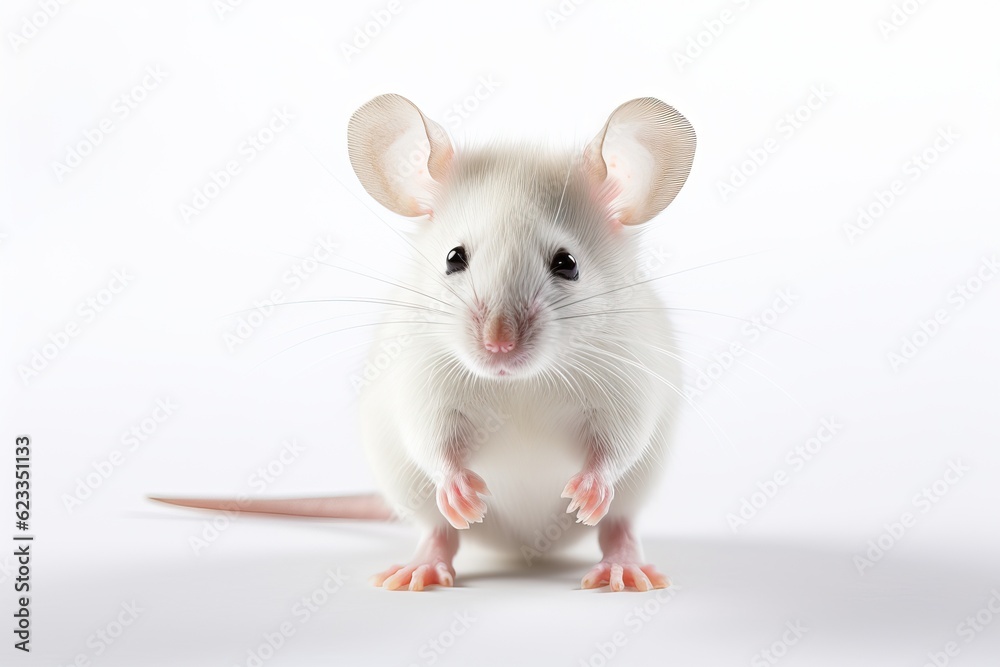 A small laboratory mouse looks into the camera. Photo on a white background. AI generated image.