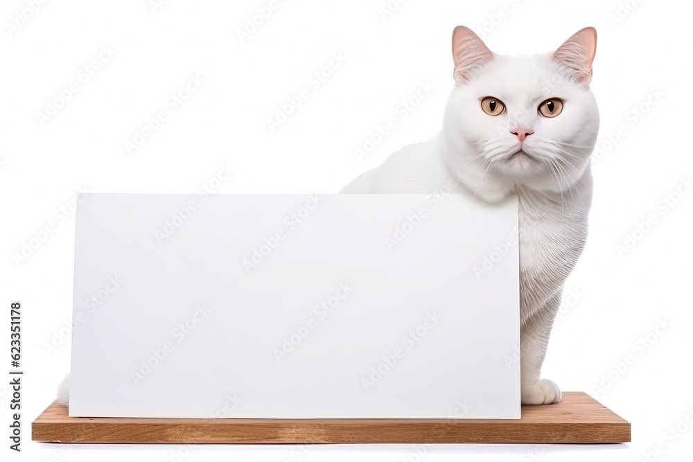 White shorthair cat with a blank sign isolated on a white background.