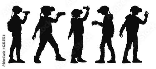 kid wearing VR headset glasses playing virtual reality games silhouette poses