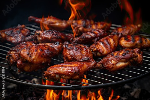 Close-up of chicken wings in barbecue sauce on a grill grate with fire flames in the background.