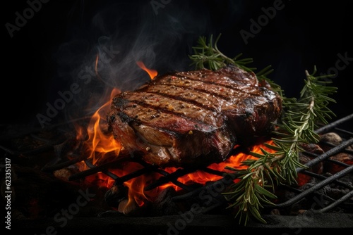 Barbecue steak with a sprig of rosemary over a grill with fire isolated on a black background.