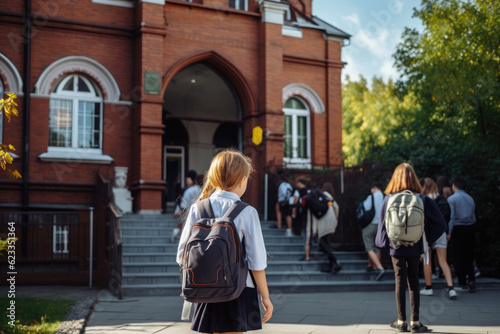 Children with backpacks go to the entrance to the old beautiful red brick school. The concept of the beginning or end of the school year. photo