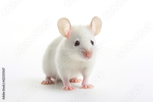 Close-up picture of a littlel laboratory mouse. Photo on a white background. AI generated image.