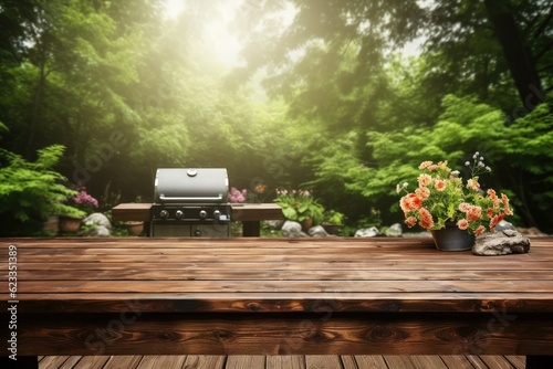 An empty dark wood table with space for promotional items in the backyard with a gas barbecue.