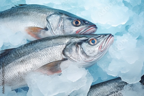 Group of fresh sea or ocean fish on ice chips and cubes background.