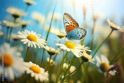 Butterfly on chamomiles in the meadow