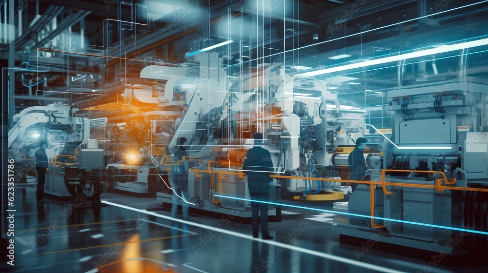 A smart factory presents a seamless integration of connected machines and workers. Increased efficiency, real-time communication, and data-driven decision-making. Advent of Industry 4.0. Generative AI