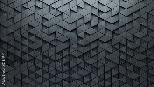 Polished, Semigloss Wall background with tiles. Triangular, tile Wallpaper with 3D, Black blocks. 3D Render- Ai generative