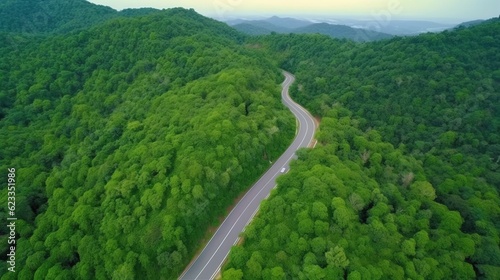 Aerial top view forest tree with car ecosystem environment concept Countryside road passing through the green forrest and mountain.