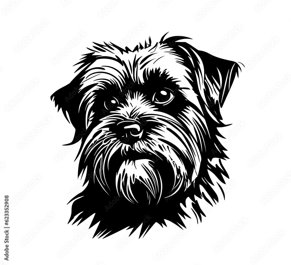 Vector isolated one single sitting Affenpinscher dog head front view black and white bw two colors silhouette. Template for laser engraving or stencil, print for t shirt