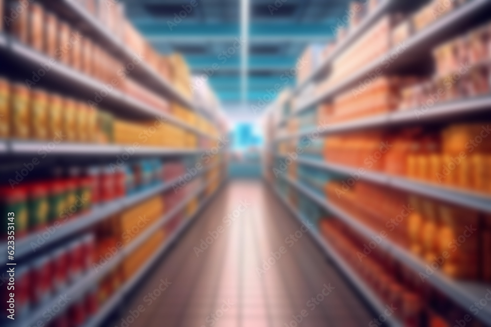 Supermarket aisle with variety products background. Generative ai design.