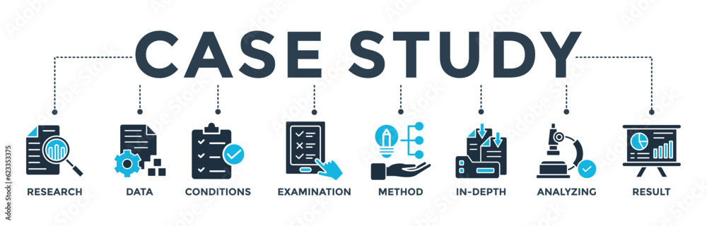 Case study banner web icon vector illustration concept with icon of research, data, conditions, examination, method, in-depth, analyzing, and result