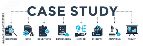 Case study banner web icon vector illustration concept with icon of research, data, conditions, examination, method, in-depth, analyzing, and result