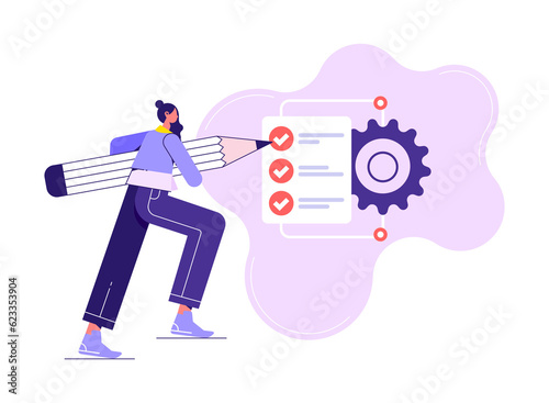 Workforce process optimization, productivity, workflow management and project tracking concepts, man with pencil puts tick in front of completed tasks and goals