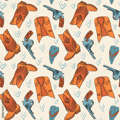 Cowgirl western theme, wild west concept seamless pattern. Home decor, Textile design, Wrapping paper, Stationery, Scrapbooking, Digital wallpapers, Website backgrounds. Vector illustration.