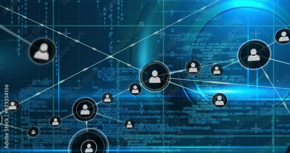 Animation of network of profile icons and data processsing against light spots on blue background Animation of network of profile icons and data processsing against light spots on blue background
